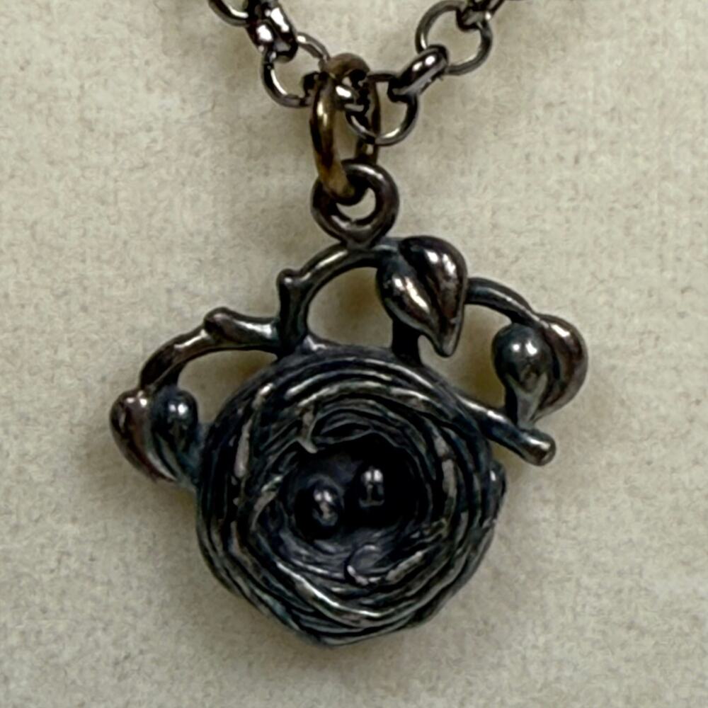 Vintage 825 Oxidized Silver Bird Nest Egg Pendant Chain Necklace Cottage Prairie
